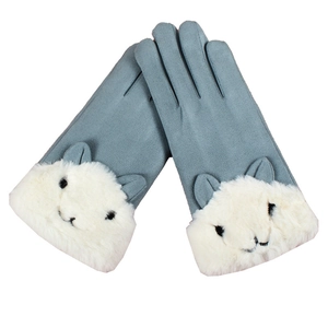Women's grey suede gloves with warm plush trim and cute animal face decoration