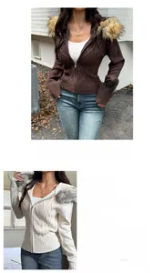 Detail view of chunky cable knit hooded cardigan with faux fur trim and 100% acrylic fabric