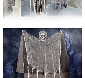 Hanging Halloween ghost decoration with skull and tattered gauze for haunted house prop
