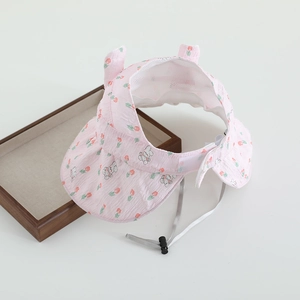 Detail of pink kids sun hat with rabbit ears, breathable mesh lining and windproof cord