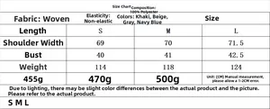 Size chart for casual sleeveless tie-waist vest jacket with measurements and fabric details