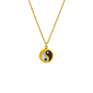 Gold stainless steel necklace with round yin yang tai chi pendant for women