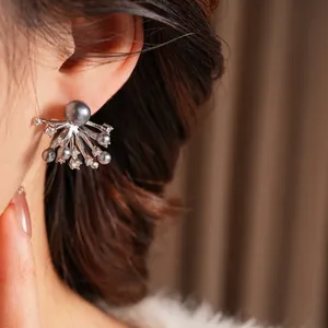 Silver branch flower earrings with grey pearls and starburst design for women
