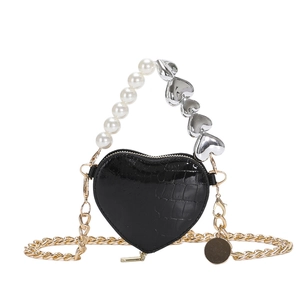 Mini sac à main en forme de cœur en cuir crocodile noir avec poignée en perles