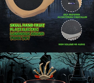 Detailed view of the battery compartment and Halloween skull hand electric fruit plate