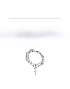 Detailed view of layered pearl necklace with zircon cross pendant and size specifications
