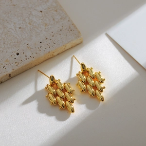 Minimalist gold geometric rhombus earrings with polished multilayer metal beads on stone