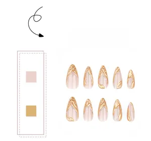 Detail of 3D golden wave texture on nude almond-shaped French press-on nails
