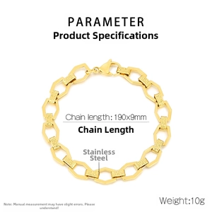Detailed view of gold stainless steel bracelet with hexagonal Greca pattern links