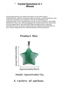 Macro detail of a 30mm green aventurine star pendant with size and weight specs
