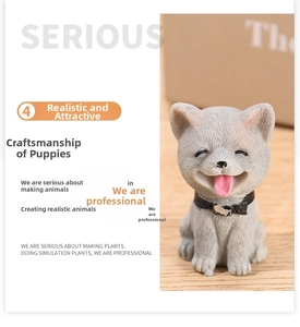 Detail of a smiling resin puppy figurine with realistic fur texture and a black collar