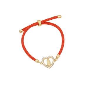 Orange braided cord bracelet with 18K gold plated heart Virgin Mary pendant and zircons