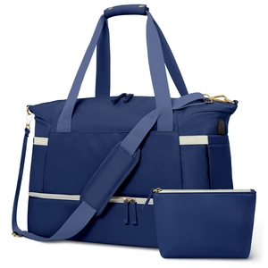 Detail of waterproof gym bag with separate shoe compartment and USB charging port