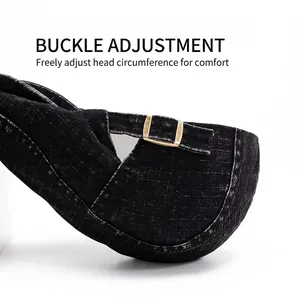 Unisex washed black denim beret with adjustable antique bronze metal buckle for custom fit