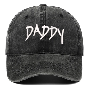 Vintage washed denim baseball cap in dark grey with white DADDY 3D embroidery