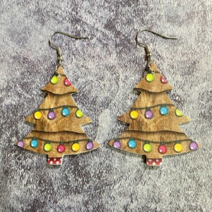 Vintage Christmas tree earrings with colorful bulb prints on brown faux leather