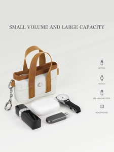 Mini borsa in tela che mostra lo spazio per rossetto, orologio e auricolari