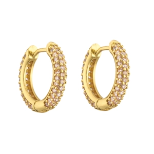 Detail of gold huggie hoop earrings featuring three rows of pave-set clear zircon stones