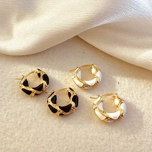 Vintage Enamel Hoop Earrings Gold Plated Brass Irregular Lava Texture Geometric U Shape Ear Buckle With Zircon