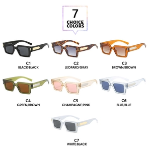 Detail showing seven vintage square frame sunglasses in various colors with gold metal accents