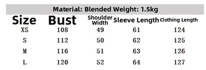 Detailed size chart for the oversized fleece coat showing measurements for XS to L
