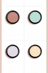 Detail of four color concealer pots for neutralising redness and dark circles