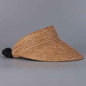 Detail of the high-quality Raffia straw weave texture and black elastic back strap