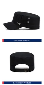 Side and back view of a black cotton cadet cap featuring an eagle badge and adjustable strap