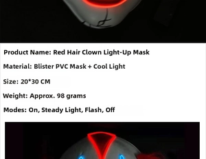 Detailed view of red-haired clown glowing mask with EL wire and PVC material specifications