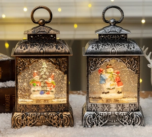 Macro detail of bronze and silver Christmas lanterns with snow scene and swirling glitter