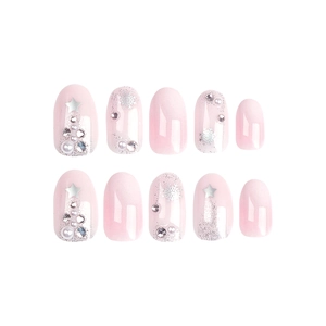 French press-on nails set with pink gradient, snowflakes, stars and pearls decoration