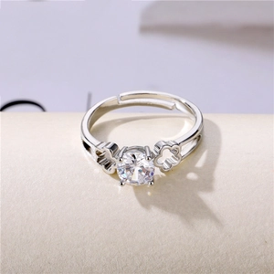 Minimalist silver zirconia ring with clover hollow design and adjustable open band