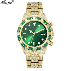 Luxury gold-plated quartz watch featuring a green sunburst dial and full diamond setting
