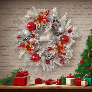 Flocked Christmas wreath with silver reindeer and red ornaments on a brick wall