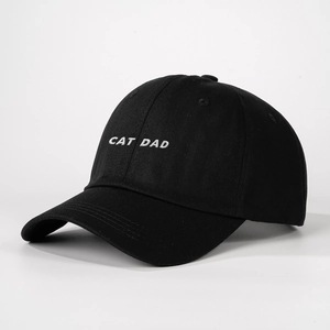 Classic black baseball cap with white CAT DAD embroidery, structured cotton crown