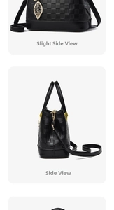 Détail du cuir synthétique noir à texture damier avec pendentif feuille dorée et anses