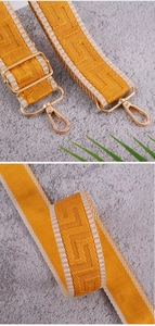 Detailed view of yellow woven shoulder strap with gold-tone hardware on grey background