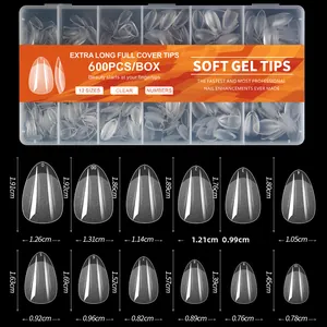 Detailed size chart showing 12 different dimensions for soft gel nail tips in transparent color