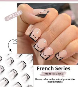 Detail of short square French nails JP2458 with pink base and black curved tips