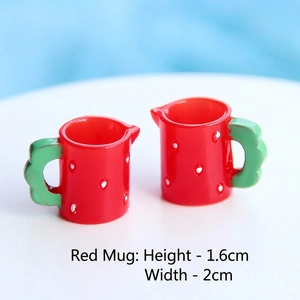 Detailed macro view of miniature red strawberry mugs with dimensions 1.6cm by 2cm