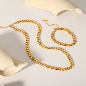 Hip Hop Cuban Link Chain Necklace And Bracelet 18K Gold Plated Stainless Steel Waterproof Hypoallergenic Jewelry For Men