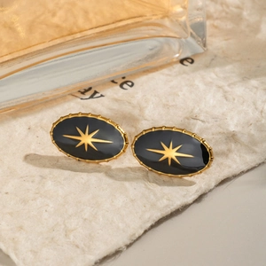 Classic black and gold oval star stud earrings in vintage stainless steel style