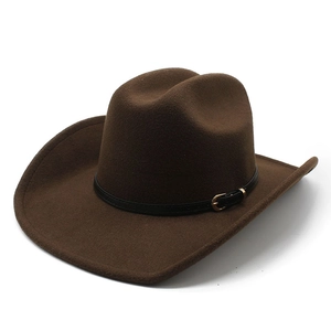 Classic dark brown western cowboy hat with wide rolled brim and black leather buckle band