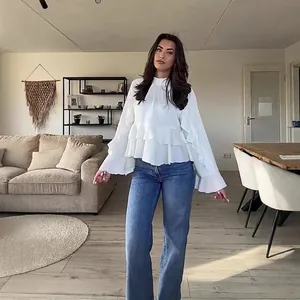 Women Ruffled Chiffon Blouse Long Sleeve High Neck Bohemian Elegant Solid Color Tiered Frill Top Fashion Casual Fall Spring