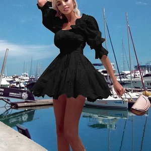 Bohemian black hollow-out mini dress with puff sleeves and square neckline for beach vacation
