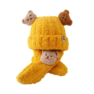 Winter plush kids bear hat and scarf set in bright yellow fleece for warm protection
