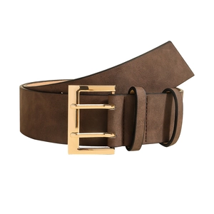 Women's brown faux leather belt with double gold buckle for jeans and versatile style