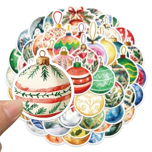 Detail showing high-quality waterproof Christmas ball stickers with watercolor designs
