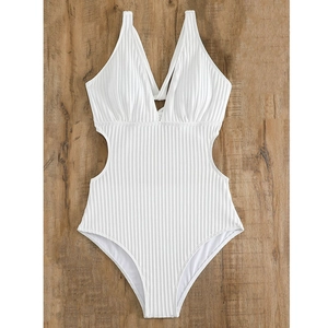 Detail of white ribbed one-piece swimsuit with deep V-neck and stylish side cut-outs