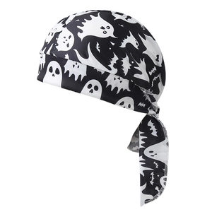 Detail of outdoor cycling bandana featuring Halloween ghost and bat prints with tie-back